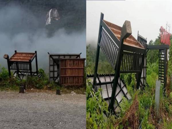 Pondok kayu hiasan yang diletakkan pihak Majlis Daerah Dabong di laluan masuk menuju ke Gunung Stong terbalik dipercayai akibat perbuatan khianat.