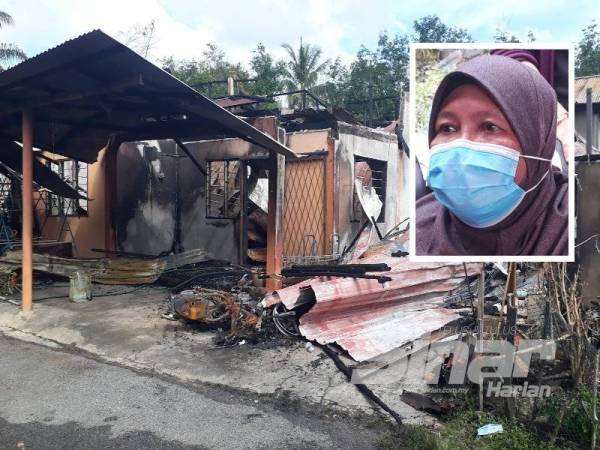 Kediaman Ramlah yang musnah dalam kebabakaran semalam di pondok Kampung Kepala Bukit, Mukim Tualang, Pokok Sena. (Gambar kecil: Ramlah Abdullah)