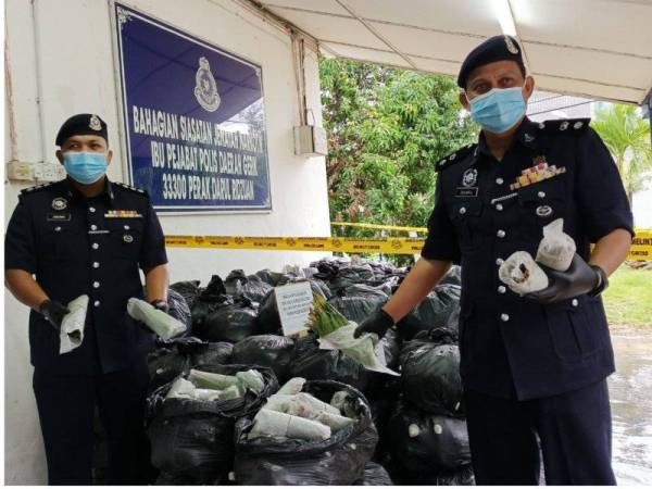 Zulkifli (kanan) bersama Joehany Fitry menunjukkan bungkusan daun ketum yang dirampas dengan tergangkapnya seorang lelaki tempatan kelmarin.