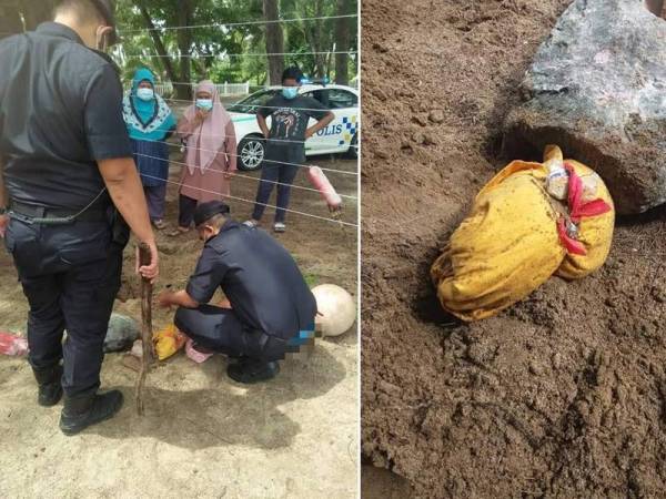 Pihak polis memeriksa bungkusan berwarna kuning yang ditemui tertanam dalam lubang menyerupai kubur kecil di Pantai Irama Bachok pada Jumaat lalu.Gambar kanan: Bungkusan berwarna kuning di dalamnya mengandungi pasu kecil yang sudah pecah dan duit syiling lama ditemui ditanam di lokasi Pantai Irama Bachok pada Jumaat lalu.