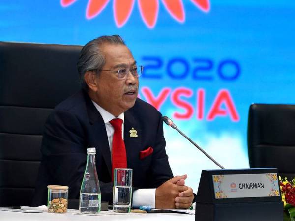 Muhyiddin menyampaikan ucaptama pada Mesyuarat Pemimpin Ekonomi (AELM) Kerjasama Ekonomi Asia Pasifik (APEC) secara maya yang turut dihadiri pemimpin-pemimpin 21 ekonomi di rantau Asia Pasifik 20 November lalu. - Foto Bernama