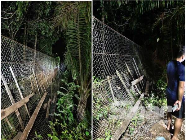 Keadaan jambatan gantung yang runtuh sehingga menyebabkan tiga pelajar cedera dalam kejadian di Kampung Gusi, Ranau.