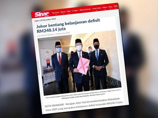 Paparan skrin laporan Sinar Harian berkaitan Belanjawan Johor 2021.