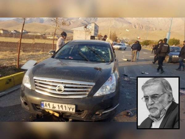 Keadaan kereta dinaiki Allahyarham Mohsen selepas insiden serangan yang meragut nyawanya di bandar Absard, wilayah timur Damavand, Iran kelmarin. Gambar kecil: Mohsen.