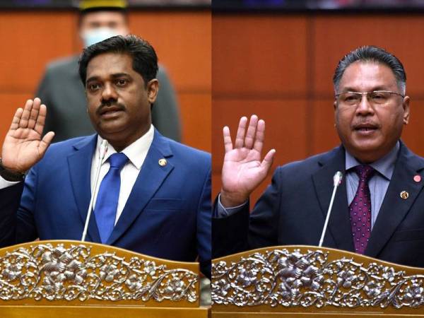 Naib Presiden MIC, Datuk T Mohan (kiri) dan Presiden Persatuan Siam Malaysia. Aknan Ethook (kanan) mengangkat sumpah sebagai senator bagi penggal kedua di Dewan Negara. Pelantikan Datuk T Mohan berkuat kuasa sehingga 2023. - Foto: Bernama