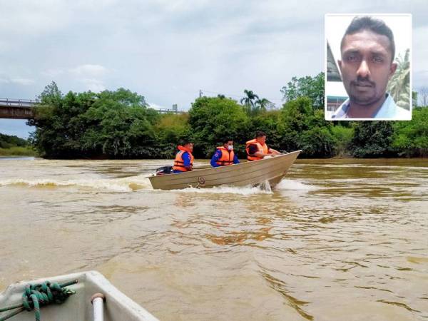 Operasi mencari dan menyelamat mangsa di Sungai Ketil hari ini. Gambar kecil: Sivaguru