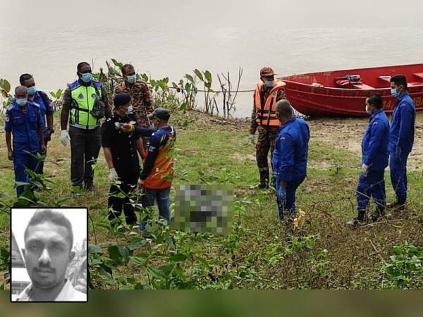 Mayat mangsa ditemui dalam keadaan terapung kira-kira 2 kilometer dari jambatan Sungai Ketil pagi tadi. Gambar kecil: Sivaguru Gopal