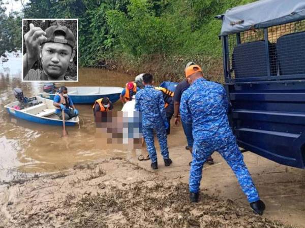 Anggota berkuasa mengangkat mayat mangsa lemas yang ditemui pagi tadi. Gambar kecil: Loqman Hamka