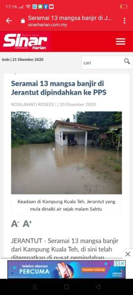 Laporan Sinar Harian semalam mengenai mangsa banjir di Jerantut.