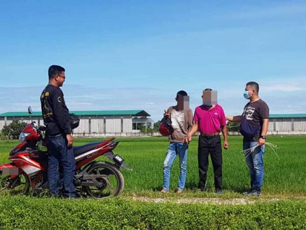 Anak dan bapanya ditahan ketika dalam perjalanan menuju ke sarang penagihan dadah dalam kawasan bendang di Permatang Tok Jaya, Kepala Batas di sini hari ini.