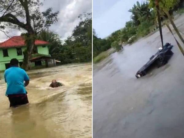 Detik ketika Mohd Nazri diselamatkan penduduk kampung menggunakan tali.