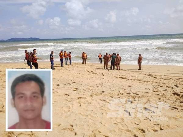 Sebahagian anggota terlibat dengan SAR sedang menjalankan usaha mencari di persisir Pantai Kelulut Marang pada Sabtu. (Gambar kecil: Mangsa, Naim Hariri Kamaruddin)