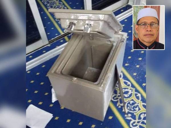 Peti besi yang berada di dalam bilik imam Masjid Ar-Raudhah, Tanjong Karang yang dialihkan penjenayah ke ruang solat dalam keadaan terkopak pada Khamis lalu. Gambar kecil: Mohd Mohadis