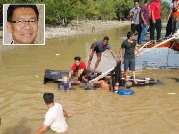 Sembilan orang termasuk seorang bayi dan seorang kanak-kanak lelaki, lemas selepas kenderaan pacuan empat roda dinaiki mereka terhumban ke dalam Sungai Batang Lupar di Jeti Feri Triso semalam. Gambar kecil: Julaihi