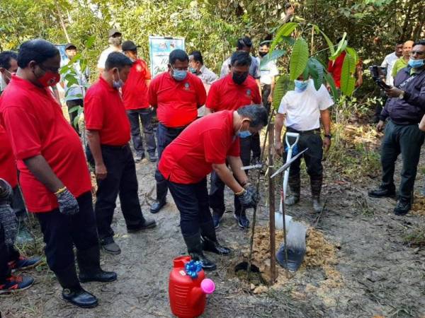 Aminuddin membuat gimik pelancaran Kempen Penanaman 100 juta pokok di Bukit Berembun Jalan Bukit Putus, Seremban pada Selasa.