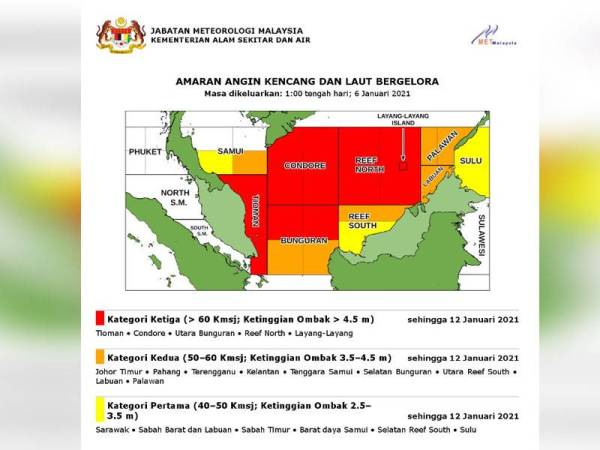 Jabatan Meteorologi Malaysia memaklumkan angin kencang, laut bergelora bermula Rabu sehingga Selasa ini.