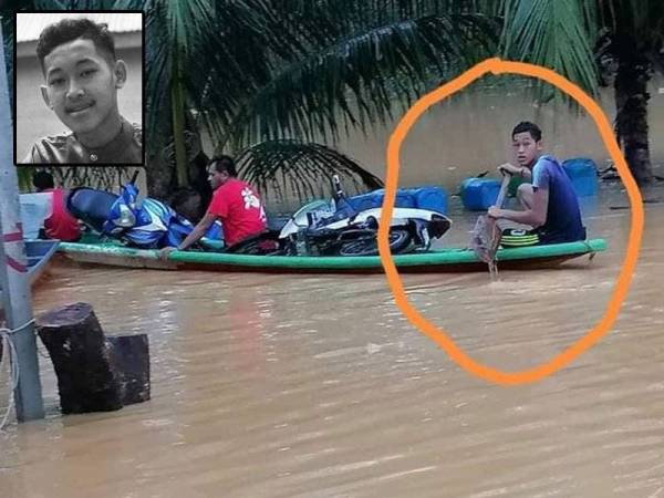 Mohammad Hakimin (dalam bulatan) dikatakan seorang yang ringan tulang dah banyak membantu penduduk kampung ketika banjir. Gambar kecil: Mohammad Hakimin