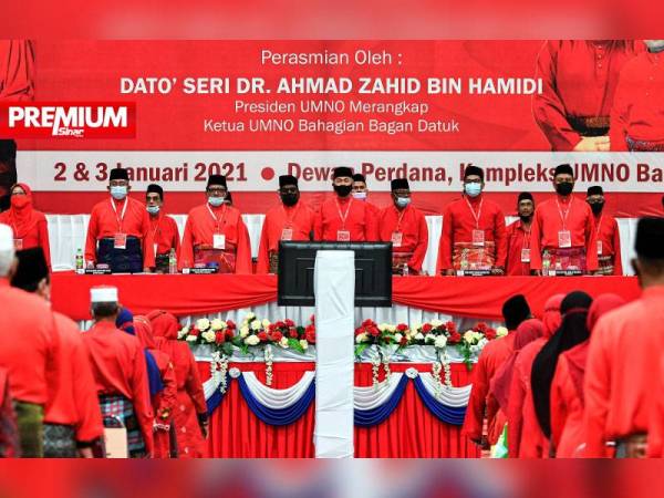 Presiden UMNO, Datuk Seri Ahmad Zahid Hamidi ketika hadir pada Mesyuarat Perwakilan UMNO Bahagian dan Sayap UMNO Bahagian Bagan Datuk 2020 di Kompleks Umno Bagan Datuk. Foto: Bernama