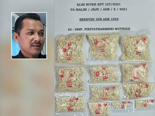 Dadah jenis heroin dirampas daripada suspek dalam serbuan di sebuah ladang kelapa sawit Felda Gunung Besout 4. Gambar kecil: Ketua Polis Daerah Muallim, Superintendan Sulizmie Affendy Sulaiman. - Kredit foto: Ihsan PDRM