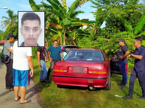 Kenderaan disyaki milik individu terbabit yang ditinggalkan di Kampung Padang Temusu sebelum melarikan diri. Gambar kecil: Mohamad Daniell dicari bagi membantu siasatan kes pecah rumah.