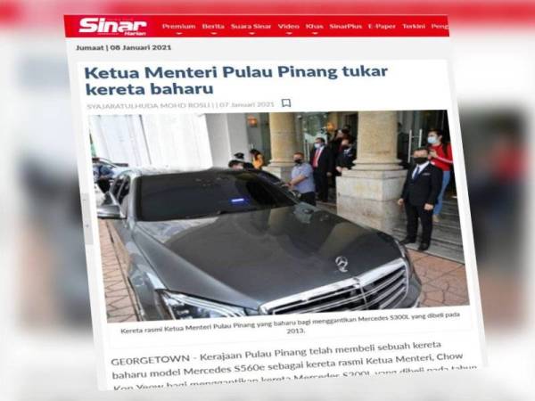 Laporan Sinar Harian pada Khamis lalu mengenai pembelian kereta rasmi baharu Ketua Menteri.