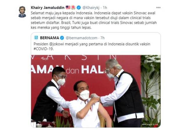 Tangkap layar ciapan Khairy Jamaluddin di Twitternya pada Rabu.