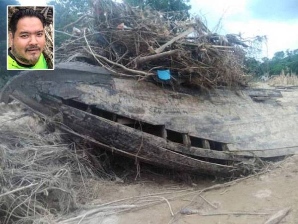 Struktur kapal lama bersalut tembaga yang ditemui di tepi Sungai Pagar,Kampung Pagar Penjom, Kuala Lipis pada Rabu. Gambar kecil: Mohamad Hafiz