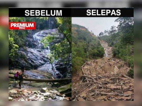 Keadaan Air Terjun Tanjung Batu yang dikongsi di media sosial sebelum projek kuari dilaksanakan. Foto: Facebook Otai Manjung, Twitter Shakila Schon
Gambar kanan: Keadaan terkini kawasan Air Terjun Tanjung Batu yang didakwa kesan penggondolan hutan bagi aktiviti kuari.