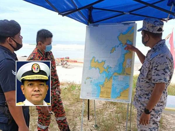 Anggota Maritim Malaysia bersama pasukan penyelamat lain ketika melakukan operasi pencarian mangsa bot karam di perairan Kuala Abai, Kota Belud. Gambar kecil: Datuk Mohd Rosli Abdullah