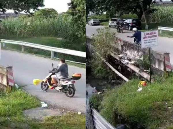 Aksi salah seorang pelaku yang membuang sampah ke dalam sungai di Bukit Kapar 2, Klang yang dirakam CCTV.