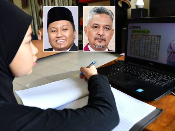 Siti Nur Alisha Dania Mohd Rashdan, 12, murid darjah enam Sekolah Kebangsaan Putrajaya Presint 5(1) hari ini mengikuti pembelajaran dengan kaedah PdPR secara atas talian pada hari pertama sesi persekolahan tahun 2021 berikutan peningkatan kes Covid-19. - Foto Bernama, gambar kecil dari kiri: Amirul Syahir Musa, Shaharol Niza Omar