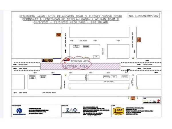 Pelan penutupan jalan berikutan kerja-kerja mengangkat rasuk jambatan berhampiran Sekolah Menengah Kebangsaan (SMK) Seri Bedena dan pembinaan jejambat di Pekan Sungai Besar.