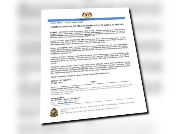 Kenyataan Jabatan Laut Malaysia yang dikongsi kepada media pada Selasa.