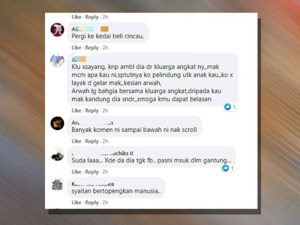 Tangkap layar komen Facebook dipercayai milik ibu kandung kanak-kanak berkenaan.