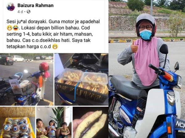 Status jualan Siti Noorbaizura di Facebook yang tular dan mendapat perhatian netizen. Siti Noorbaizura menunggang motosikal menjual kuih dorayaki pada waktu pagi sehingga tengahari.