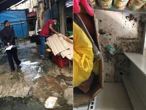 Pihak DBKL serta pegawai kesihatan memeriksa premis pasar raya yang tidak mematuhi kehendak kesihatan yang ditetapkan di Jalan Hang Lekiu, Kuala Lumpur pada Isnin. Gambar kanan: Urungan lipas yang banyak di setiap bahagian premis pasar raya terbabit.