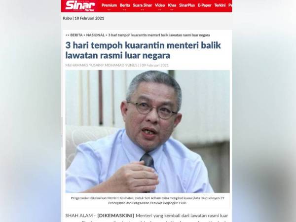 Laporan Sinar Harian pada 9 Februari lalu.