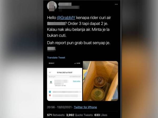 Ciapan dari lelaki terbabit yang mengkritik penghantar makanan tular di Twitter.