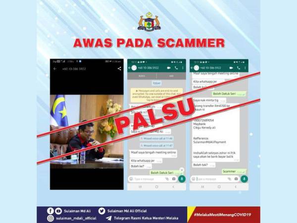 Tangkap layar scammer yang menggunakan nama dan gambar Ketua Menteri untuk menipu orang ramai.