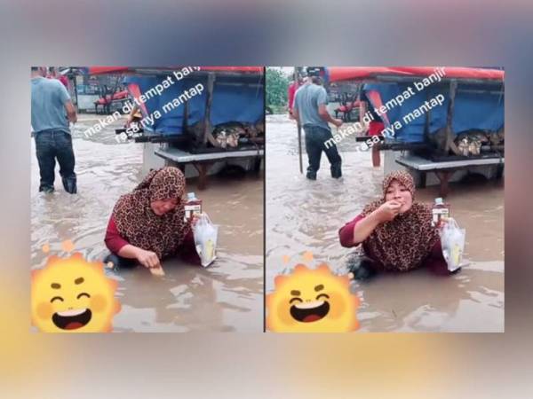 Wanita terbabit menikmati biskut yang dicicah dalam air banjir. - Agensi