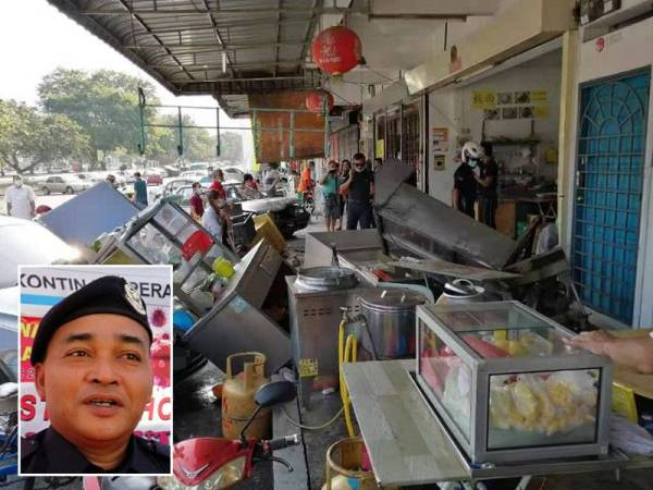 Keadaan gerai yang dirempuh sebuah kereta dalam kejadian di Jalan Batu Sinar, Bandar Baharu Kampar di sini pada Selasa. Gambar kecil: Hasron Nazri