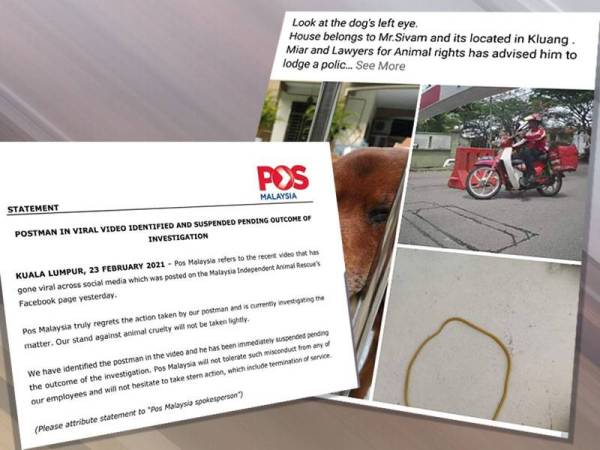 Paparan Facebook Miar berhubung tindakan seorang posmen melastik mata seekor anjing di Kluang, Johor sehingga menarik perhatian warga maya.