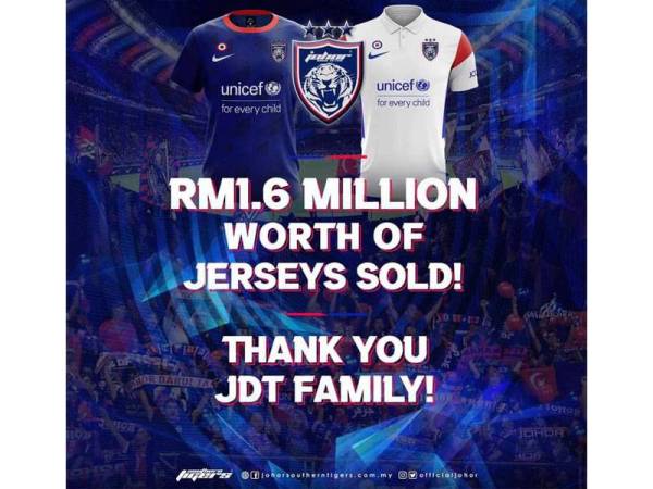 Jualan jersi JDT mencatat jualan sebanyak RM 1.6 juta.- Foto Facebook Johor Southern Tigers