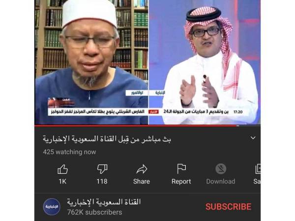 Zulkifli (kanan) semasa ditemubual secara langsung bersama Al-Ekhbariya TV, Arab Saudi. - Foto FB Datuk Dr Zulkifli Mohamad al- Bakri