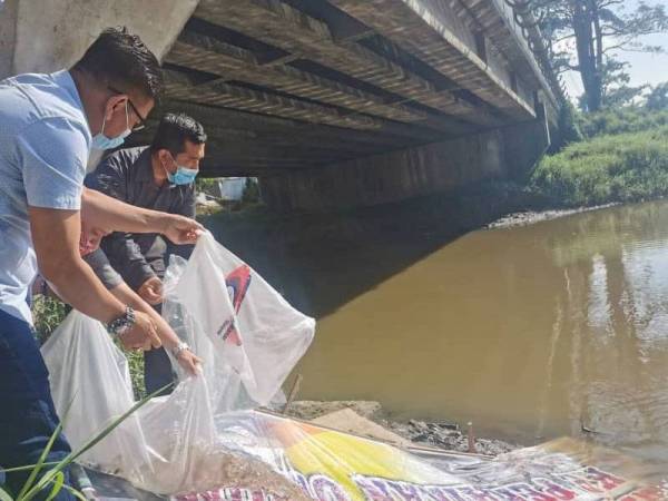 Norhizam (kiri) melepaskan benih ikan lampam ke sungai Empangan Batu Hampar, di sini, pada Sabtu.