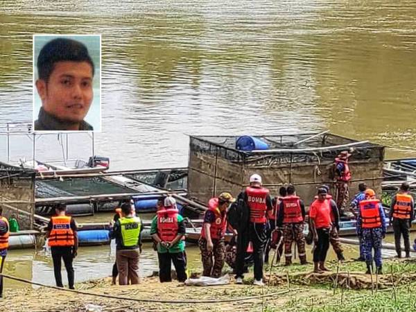 Operasi SAR mangsa di tempat kejadian dekat sangkar ikan di Sungai Pahang dekat sangkar ikan Kampung Lada, Jerantut, Isnin. FOTO: Ihsan PDRM, gambar kecil: Ariff Helmi Saharuddin