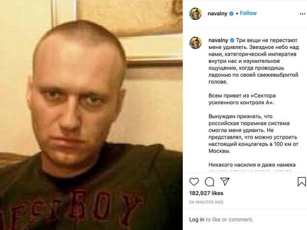 Tangkap layar catatan Navalny yang dikongsi di Instagram pada Isnin. - Foto Agensi