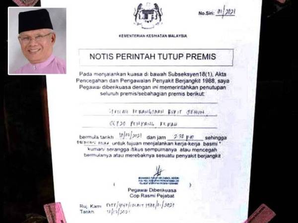 Notis perintah tutup premis SK Bukit Jenun, Pendang, bermula Jumaat sehingga satu tarikh akan dimaklumkan kelak. gambar kecil: Najmi