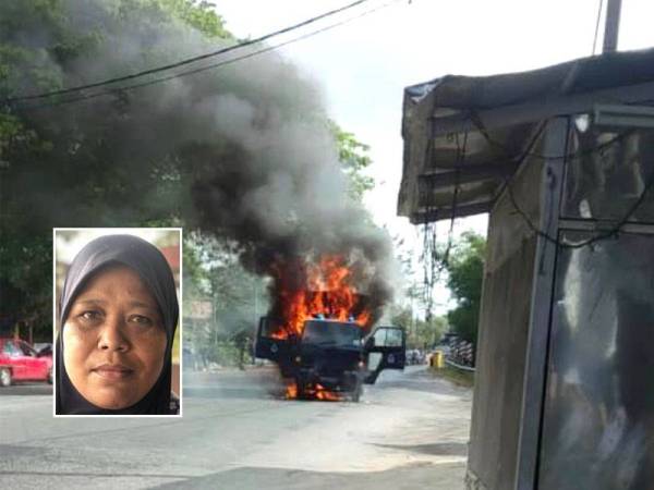 Black Maria polis yang terbakar dilihat dari kedai makan Zizah dalam kejadian di Demit, Kota Bharu pada Selasa. Gambar kecil: Zizah Yusof