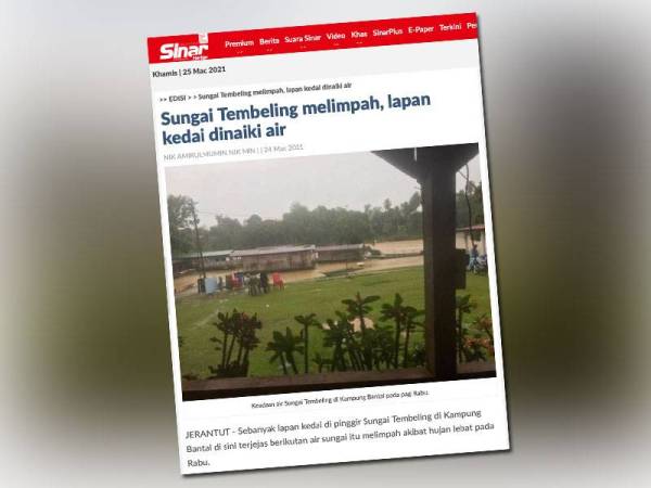 Laporan Sinar Harian mengenai lapan kedai di pinggir Sungai Tembeling di Kampung Bantal, Jerantut terjejas berikutan air sungai itu melimpah akibat hujan lebat pada Rabu.